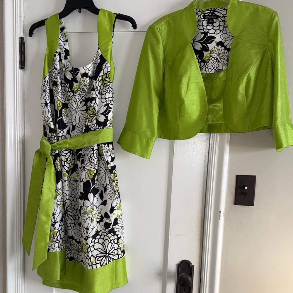 Dana Kay Lime Green and Black Floral Mini Dress with Jacket